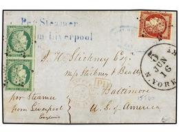 FRANCIA. Yv.2b (2), 6. 1853. PARÍS A BALTIMORE. 15 Cts. Verde Pareja, Márgenes Completos Y 1 Fr. Carmín, Leve Defecto En - Other & Unclassified