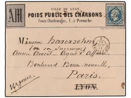 FRANCIA. Yv.14. 1860. LYON A PARÍS. 20 Cts. Azul Con Publicidad Impresa A.M. POIDS PUBLIC DES CHARBONS. Muy Raro, Uno De - Autres & Non Classés