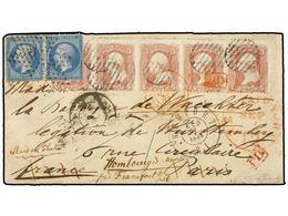 FRANCIA. 1868. NEW PORT To PARIS. 3 Cts. Rose (Sc. 65) Strip Of Five Tied By Grill Cancel Redirected To FRANKFURT (Germa - Andere & Zonder Classificatie