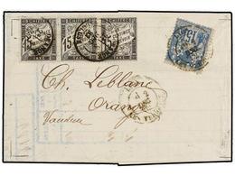 FRANCIA. 1882. LYON A ORANGE. 15 Cts. Azul, Tasada A La Llegada Con Una Tira De Tres Del Sello De 15 Cts. Negro (tasa De - Otros & Sin Clasificación