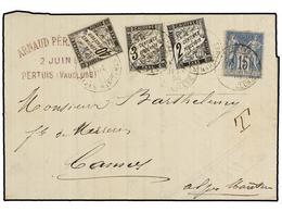 FRANCIA. 1884. PERTUIS A CANNES. 15 Cts. Azul, Tasada A La Llegada Con Sellos De 2 Cts. Negro, 3 Cts. Negro Y 40 Cts. Ne - Other & Unclassified