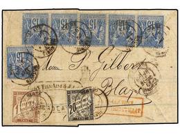 FRANCIA. 1884. BORDEAUX A BLAYE. 15 Cts. Azul (6 Sellos) Tasada A La Llegada Con Sellos De 20 Cts. Negro Y 1 Fr. Castaño - Other & Unclassified