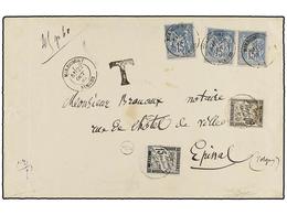 FRANCIA. 1885. MIRECOURT A EPINAL. 15 Cts. Azul (3) Tasada A La Llegada Con 15 Cts. Negro Y 60 Cts. Negro (tasa De Cuádr - Otros & Sin Clasificación