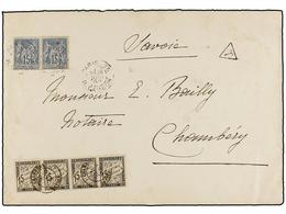 FRANCIA. 1889. PARÍS A CHAMBERY. 15 Cts. Azul (2) Tasada Con Una Tira De Cuatro Del 15 Cts. Negro (tasa De Triple Porte  - Autres & Non Classés