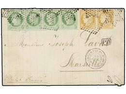 GUADALUPE. 1875. POINTE A PITRE A FRANCIA. 5 Cts. Verde Tira De Cuatro Y 15 Cts. Bistre, Pareja, Mat. ROMBO DE PUNTOS. E - Other & Unclassified