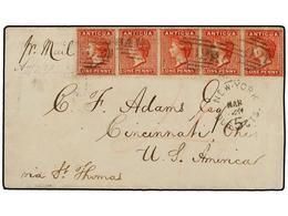 ANTIGUA. Sg.7 (5). 1877. ANTIGUA To USA. Envelope Franked With Strip Of Five Of 1 D. Vermilion Tied By A02 Cancel. Charg - Autres & Non Classés
