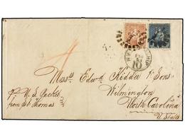 BARBADOS. Sg.23, 25. 1870. BARBADOS To U.S.A. Entire Letter Franked With (1 P.) Blue And (4 P.) Rose Perf. 14-16, Tied B - Sonstige & Ohne Zuordnung