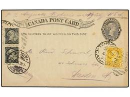 CANADA. 1894. TORONTO To GERMANY. 1 Cent. Black Postal Stationary Card Uprated With Two 1/2 Cent. Black And 1 Cent. Yell - Autres & Non Classés