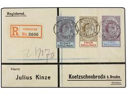 GIBRALTAR. Sg.72/74. 1910. GIBRALTAR To GERMANY. 2 Sh., 4 Sh. And 8 Sh. On Registered Cover, Arrival On Reverse. Rare Fr - Autres & Non Classés