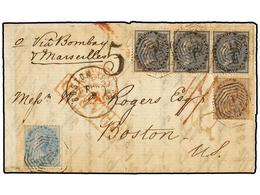 INDIA INGLESA. 1859. CALCUTTA To BOSTON (U.S.A.). Entire Letter Franked With 1/2 A. Blue, 1 An. Brown And Strip Of Three - Autres & Non Classés