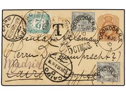 INDIA. 1910. COONOOR To CAIRO (Egypt). 1/4 An. Postal Stationery Card Uprated With Two 3 Pi. Stamps. Taxed On Arrival Wi - Other & Unclassified