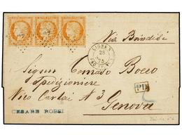 SINGAPUR. 1875 (28-8). SINGAPORE A GENOVA (Italia).Circulada Con Sellos Franceses De 40 Cts. Naranja (3), Mat. ANCLA, A  - Andere & Zonder Classificatie