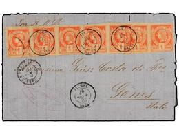 HAITI. Sc.1 (7). 1883. JACMEL A GÉNOVA (Italia). 1 Cto. Rojo, Pareja Y Tira De Cinco, Mat. Fechador De Jacmel. La Tarifa - Other & Unclassified