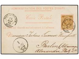 HAITI. Sc.3. 1884. PORT AU PRINCE A BERLÍN (Alemania) Tarjeta Postal Oficial Con Franqueo De 3 Cents. Castaño, Mat. PORT - Autres & Non Classés