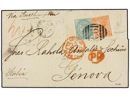 PUERTO RICO. 1875. S. JUAN A GÉNOVA. Circulada Con Sellos Británicos De 4 D. Naranja (pl. 14) Y 1 Sh. Verde (pl. 10) Mat - Other & Unclassified