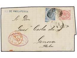 PUERTO RICO. 1877. SAN JUAN A GÉNOVA. Circulada Con Sellos Británicos De 3 D. Rosa (pl. 18) Y 2 Sh. Azul (pl. 1), Mat. C - Other & Unclassified