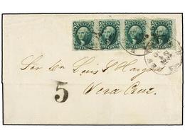 ESTADOS UNIDOS. Sc.35 (4). 1859. NEW ORLEANS To VERACRUZ. 10 Cts. Green (Ty. V). Strip Of Four Tied By NEW ORLEANS Cds,  - Other & Unclassified