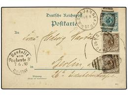 ESTADOS UNIDOS. 1892. NEW YORK To BERLIN. German Reply Card Of 5 Pf. Green Uprated With Two 3 P. Brown German Stamps Can - Sonstige & Ohne Zuordnung