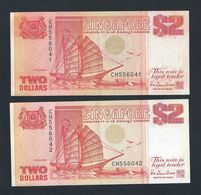 Banknote -Singapore 1990 $2 Orange Ship Series 2 Runs Numbers CH556041-042 (#138A) - Singapur