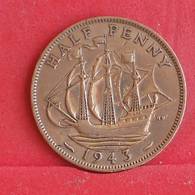 GREAT BRITAIN 1 HALF PENNY 1943 -    KM# 844 - (Nº30398) - C. 1/2 Penny