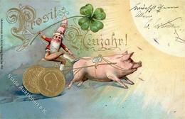 Zwerg Schwein Geld Neujahr Lithographie / Prägedruck 1900 I-II Cochon Bonne Annee Lutin Argent - Fairy Tales, Popular Stories & Legends