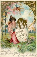 Ostern Frau Engel Hasen Lithographie / Prägedruck 1902 I-II Paques Ange - Easter
