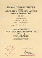 Verleihungsurkunde Die Medaille Winterschlacht Im Osten I-II (Aktenlochung) - War 1939-45
