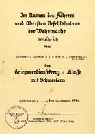 Verleihungsurkunde WK II Kriegsverdienstkreuz Kreuz 2. Mit Schwertern I-II - Weltkrieg 1939-45