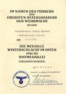 Verleihungsurkunde WK II Medaille Winterschlacht Im Osten I-II - War 1939-45
