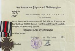 WK II Orden Ehrenkreuz Für Frontkämpfer Mit Verleihungsurkunde I-II - Oorlog 1939-45