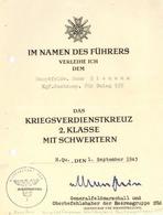 WK II Verleiungsurkunde Kriegsverdienstkreuz 2. Klasse Mit Schwertern I-II - Guerra 1939-45