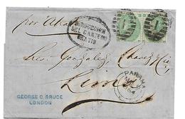 GBV112/GR.BRITANNIEN- Victoria 1 Sh. (Ausg. 1862) PAAR Auf Brief N. Peru/Lima, Via Panama Zustellgebühr Bezahlt. - Cartas & Documentos