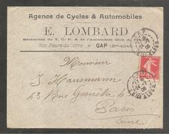 Enveloppe "cycles Et Automobiles "  GAP   Hautes Alpes / 10c Semeuse Sur Sol   Juillet 1906 - Non Classés