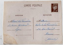 TB 2581 - Guerre 39 / 45 - CP - Entier Postal Type Pétain - Mr M De LA FOURNIERE à LYON Pour Mme De LA FOURNIERE à REIMS - Standard Covers & Stamped On Demand (before 1995)