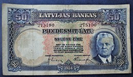 (!)  1934 LATVIA LATVIAN LETTLAND 50 LATU BANKNOTE NICE ORIGINAL VINTAGE - Latvia