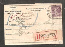 RECOM    De CHARTRES   EURE ET LOIR   35C Semeuse 1910 + Retour A L Envoyeur + Inconnu A L Appel  Signe Du Facteur - 1906-38 Semeuse Con Cameo