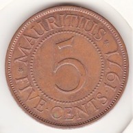 Mauritius 5 Cents 1971. Elizabeth II. Bronze. KM# 34 - Mauricio