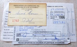 PECHE SPORTIVE AU SAUMON ATLANTIQUE QUEBEC CANADA PERMIS DE PECHE DE CIRCULATION CARTE DE MEMBRE  LES CASTILLONS - Pesca