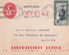 Timbre MONACO  5 F Vert RAINIER III Prince De Monaco  S/ Lettre Pub Laboratoires LOBICA (25, Rue Jasmin. Paris XVI°) - Storia Postale