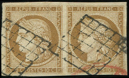 EMISSION DE 1849 - 1    10c. Bistre-jaune, PAIRE Obl. GRILLE, Très Bien Margée, TB. J - 1849-1850 Ceres