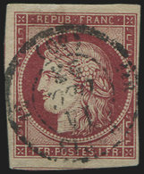 EMISSION DE 1849 - 6     1f. Carmin, Obl. Càd PARIS 11/12/52, Inf. Pelurage Marge Sup., Néanmoins RR Et TB - 1849-1850 Cérès