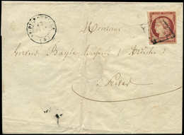 Let EMISSION DE 1849 - 6     1f. Carmin, Obl. GRILLE S. Env., Càd T15 St PIERREVILLE 13/1/50, TRIPLE Port Pour PRIVAS 14 - 1849-1850 Cérès