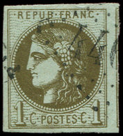 EMISSION DE BORDEAUX - 39Cc  1c. Olive-bronze, R III, Filet De Voisin à Droite, Obl. GC, TTB - 1870 Emisión De Bordeaux