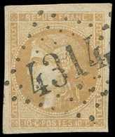 EMISSION DE BORDEAUX - 43Aa 10c. Brun Clair, R I, Obl. GC 4314, Frappe Superbe, TTB - 1870 Bordeaux Printing