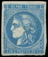 * EMISSION DE BORDEAUX - 46B  20c. Bleu, T III, R II, Inf. Fente En Haut à Droite, Aspect TB - 1870 Emission De Bordeaux