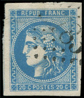 EMISSION DE BORDEAUX - 46B  20c. Bleu, T III, R II, Obl. GC, Frappe Légère, Grandes Marges, TTB - 1870 Emission De Bordeaux