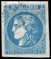 EMISSION DE BORDEAUX - 46B  20c. Bleu, T III, R II, Obl. GC, Frappe Légère, Effigie Dégagée, TTB/Superbe - 1870 Bordeaux Printing