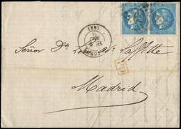 Let EMISSION DE BORDEAUX - 46B  20c. Bleu, T III R II, PAIRE Obl. GC 359 S. LAC, Càd T17 BAYONNE 9/5/71, Arr. MADRID, TB - 1870 Bordeaux Printing