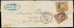 Let AFFRANCHISSEMENTS ET COMBINAISONS - N°28B Et 58, Obl. GC 2188 S. LAC, Càd T17 LE MANS 9/4/73, Affrt à 20c. NON TAXE, - 1849-1876: Période Classique