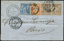 Let AFFRANCHISSEMENTS ET COMBINAISONS - N°38, 69 PAIRE Et 79 Obl. Càd BORDEAUX 8/10/77 S. LAC, TRICOLORE TB - 1849-1876: Classic Period